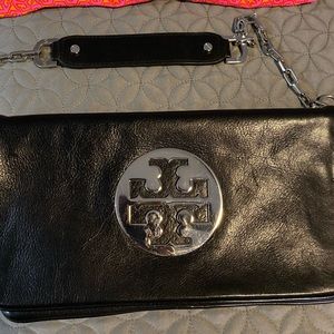 Original Tory Burch Black Leather Silver Plate Clutch Bag with silver chain